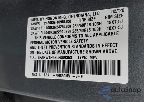 2020 Honda Cr-V 2Wd Ex z USA, uszkodzony, nr VIN 7FARW1H52LE009353